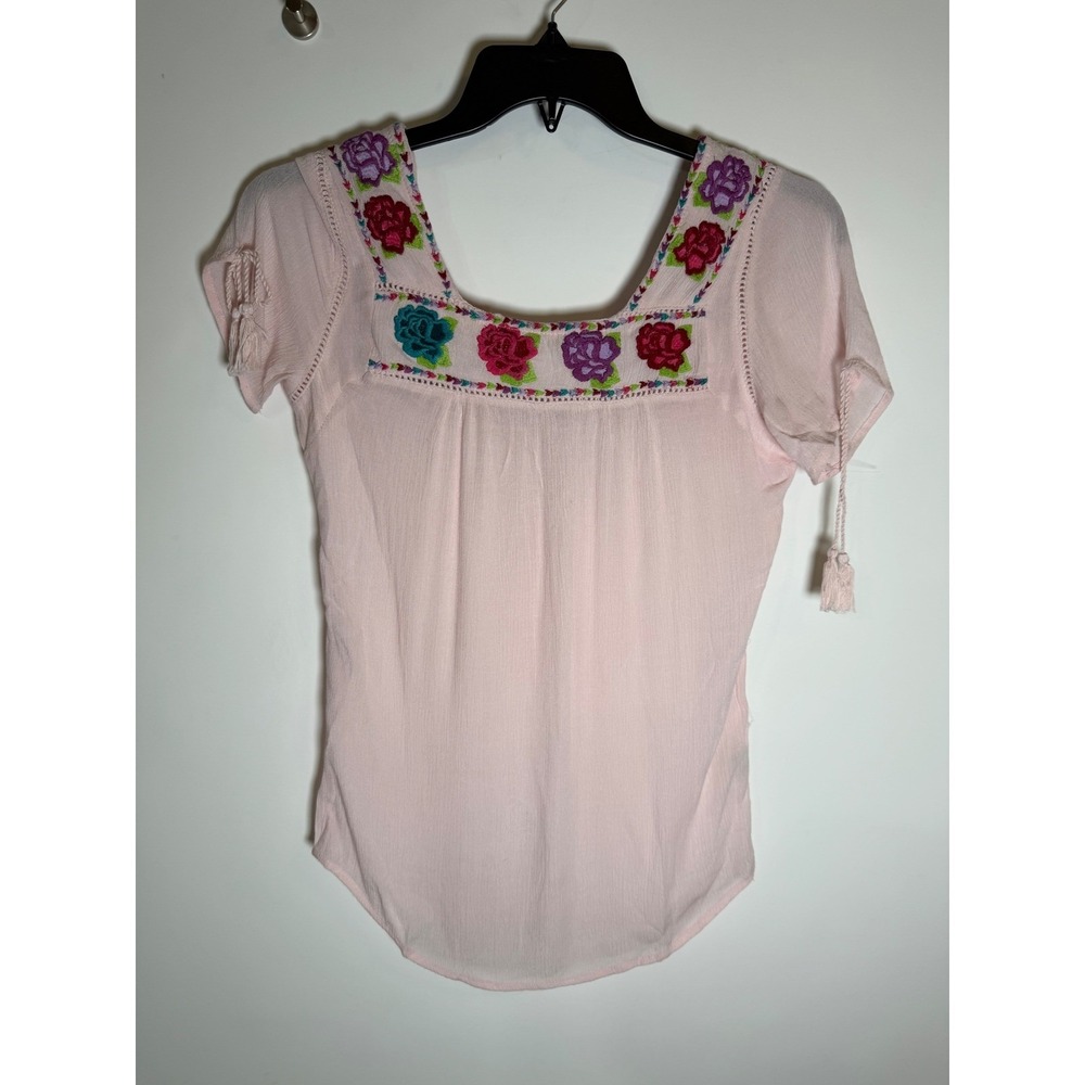 Magazine Womens Pink Floral Embroidered Cotton Gauze Boho Blouse  Size M